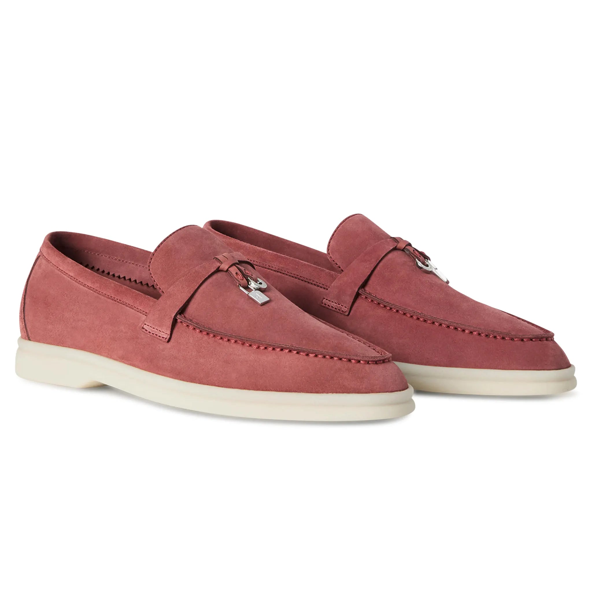 Front Side View of Loro Piana Summer Charms Suede Red Orchid Loafers FAE5444_R09E